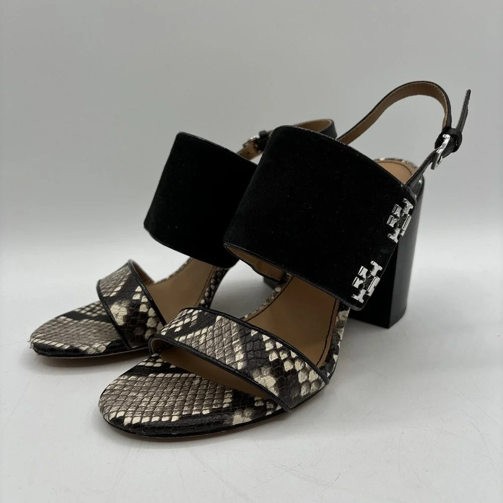Tory Burch Kira Heeled Sandals Women's 7 Black Snake Print Suede‎ Leather